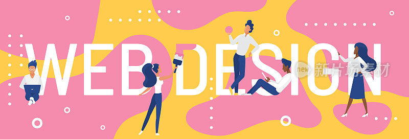 Web design word concept vector illustration, cartoon flat designer developer people standing next to big web design lettering text, developing creative interface